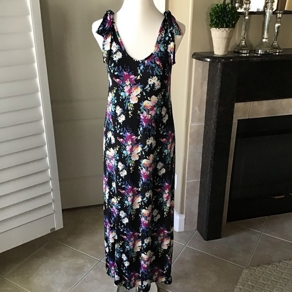 Floral Maxi Sundress Junior SMALL Sleeveless Shoulder Tie Stretch Poof New York - Picture 1 of 16